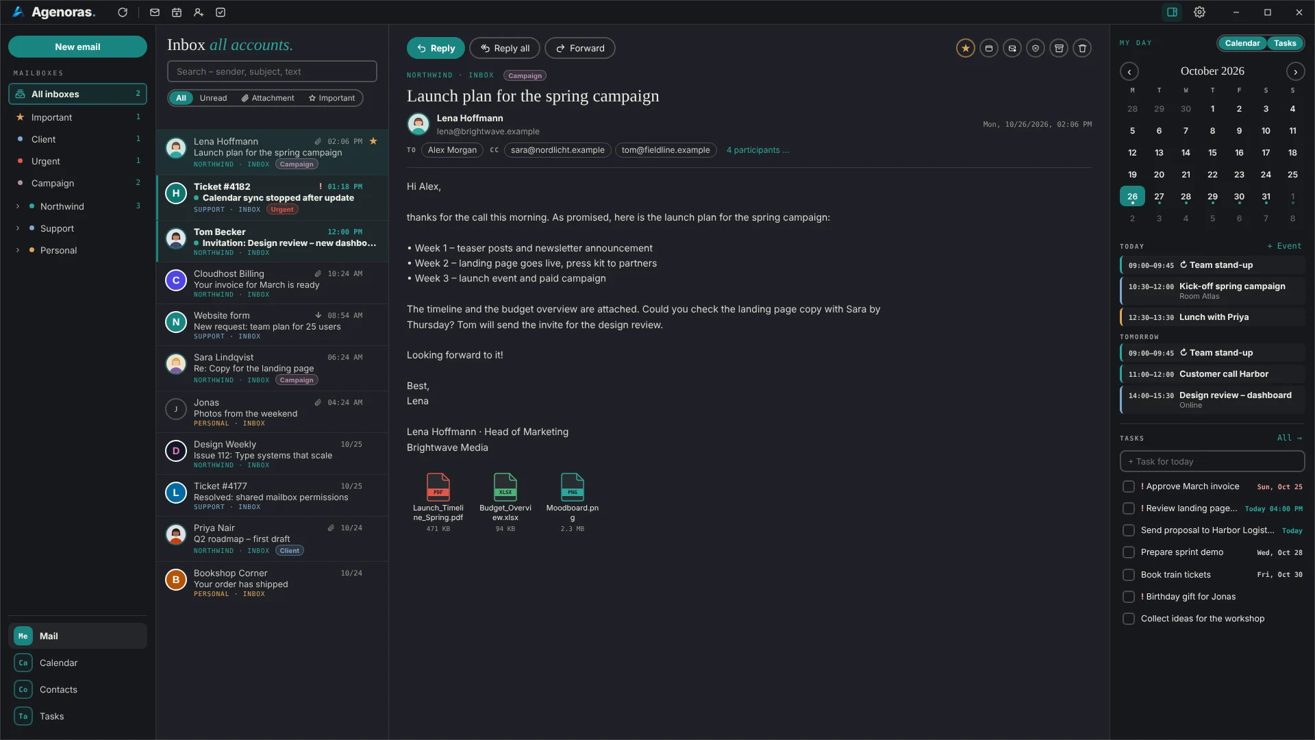 Agenoras main window in dark mode: unified inbox, an open email with attachments, and the My day sidebar with calendar and tasks