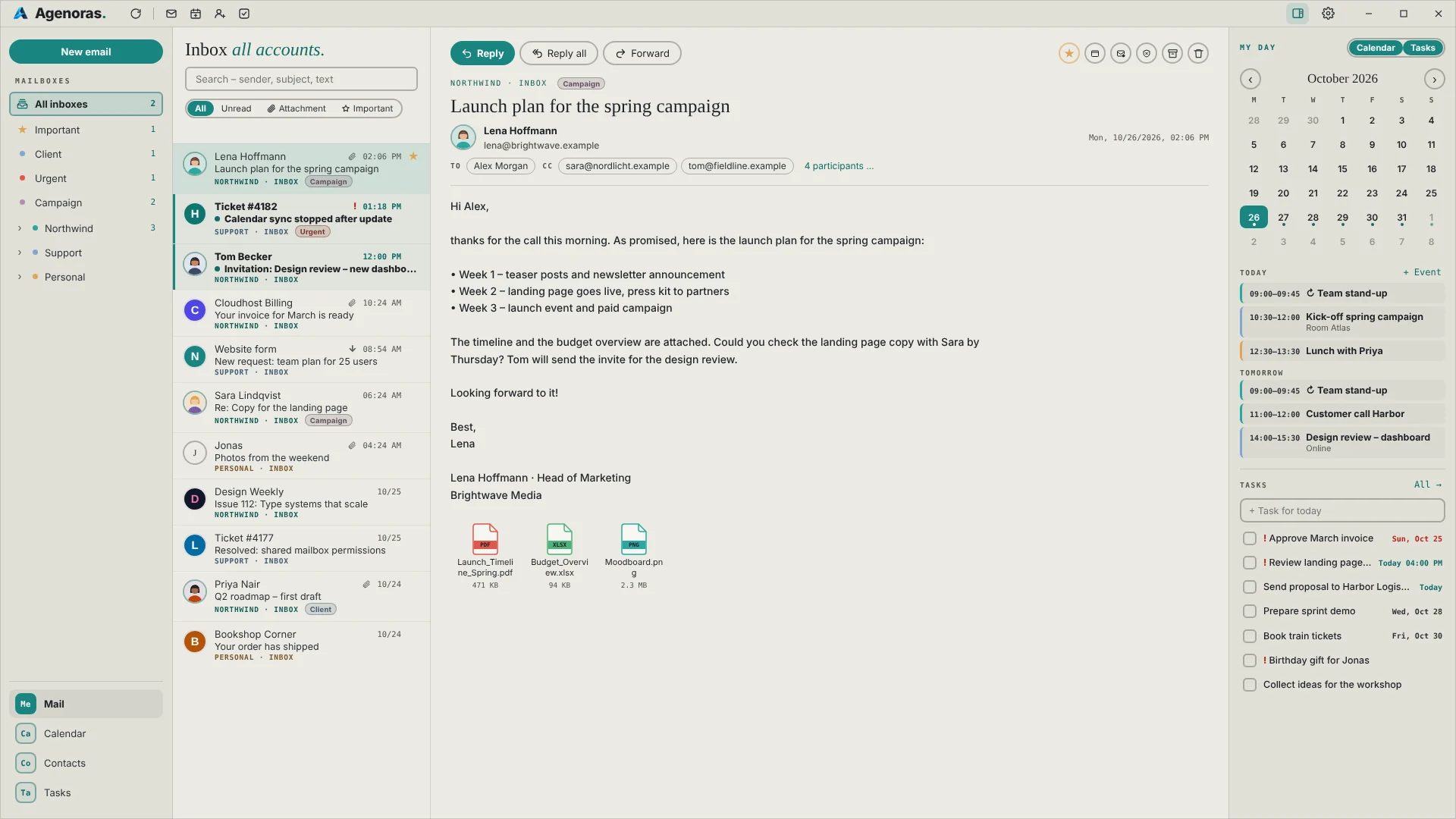 Agenoras in light mode with the unified inbox and an open email