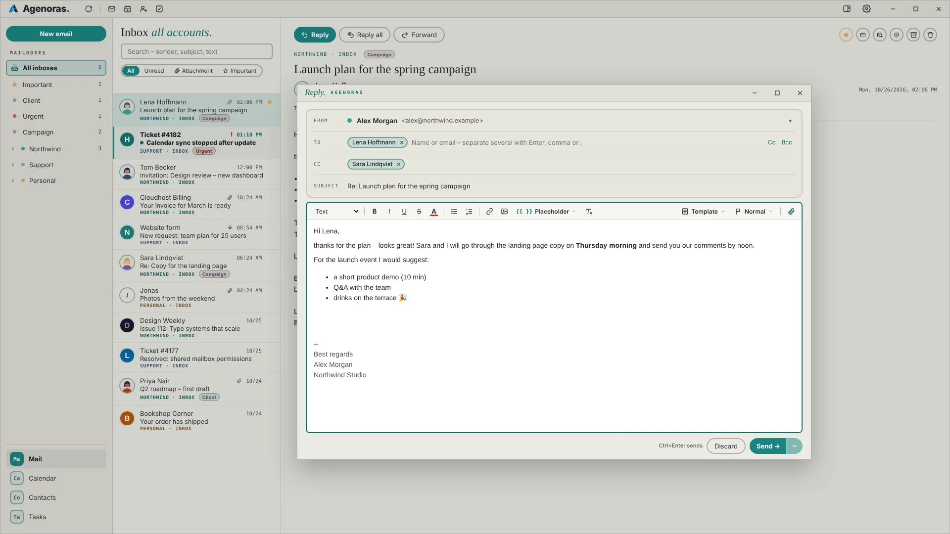 Compose window with recipients, formatted text and signature in light mode